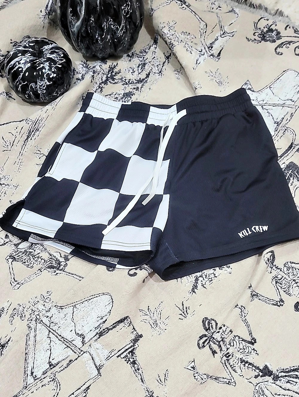 Kill Crew Muay Thai Shorts (Mid Thigh Cut) Checker - Black / White Checker Black